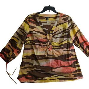 Sunny Taylor Women's Shirt Plus size 2X Brown Orange 3/4 Sleeve Cotton TOP